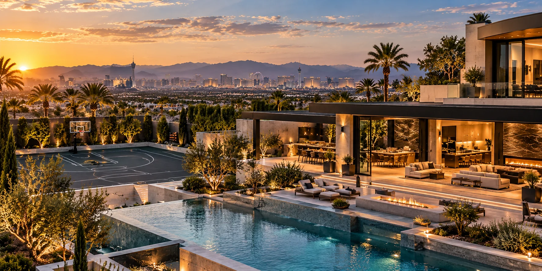 Illustrative modern estate at sunset with a private basketball court, pool, open indoor-outdoor living and the distant Las Vegas skyline