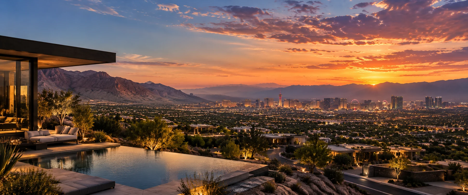 Las Vegas Valley and skyline at sunset from a hillside residence