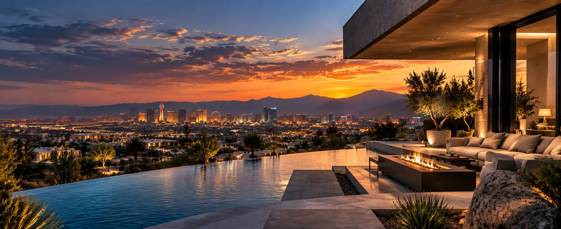 Las Vegas skyline at dusk seen from a modern hillside terrace